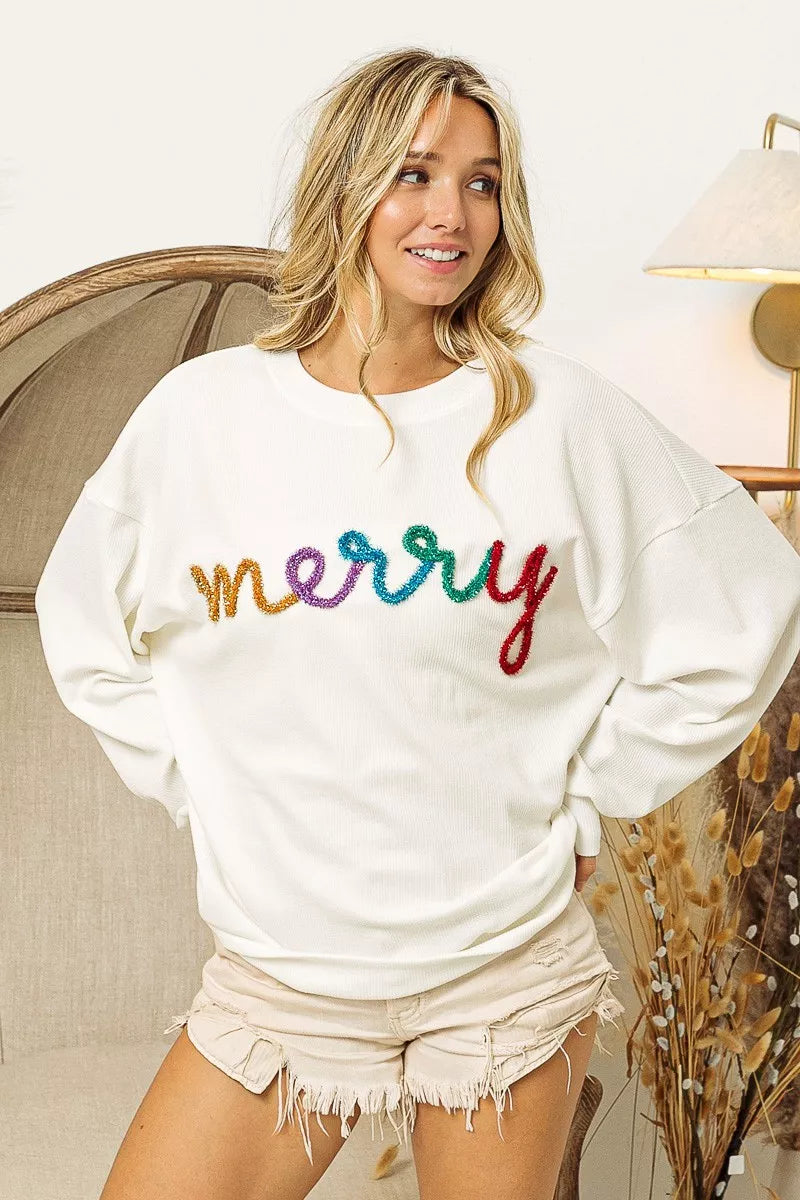 Tinsel Lettering Sweatshirt - Festive Drop Shoulder Top