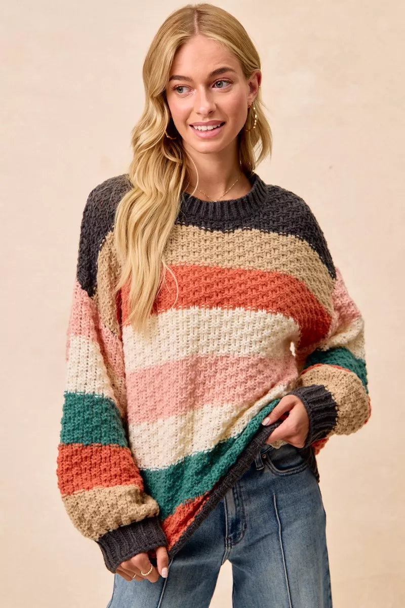 Oversized Color Block Sweater for Women | Chunky Knit Fall Top worn by a model featuring bold stripes and casual style.