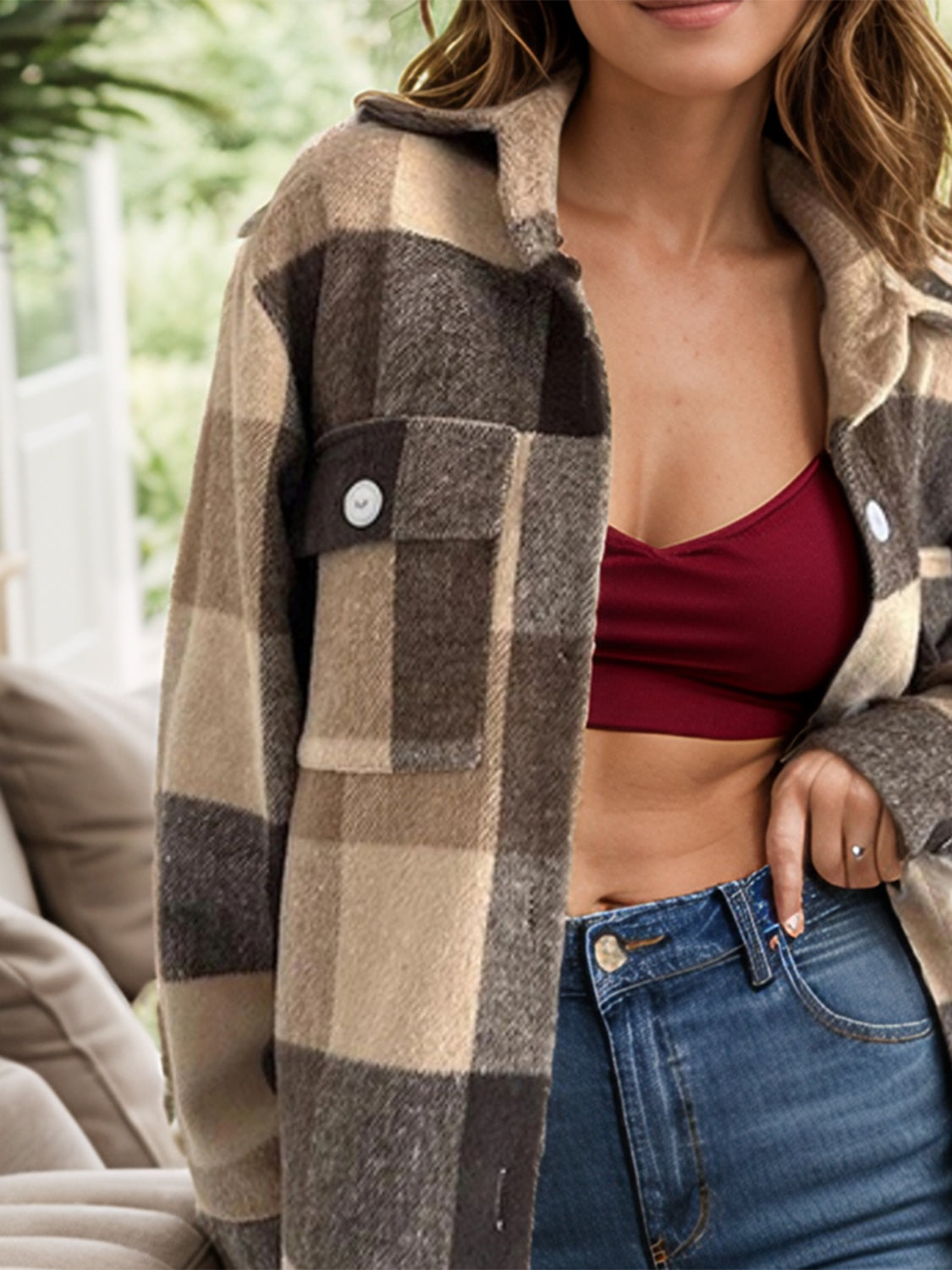 Plaid Button Up Long Sleeve Shacket Trandify Deal