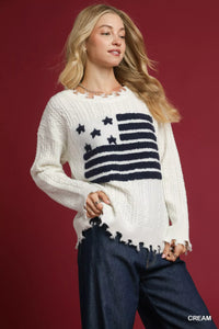 Umgee Distressed American Flag Sweater - Patriotic Top