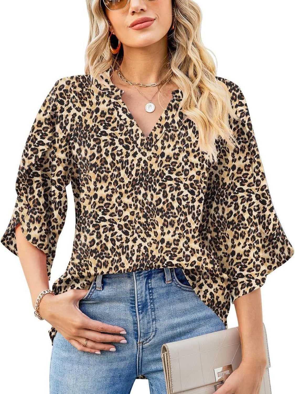 Printed Notched Half Sleeve Blouse Trandify Deal