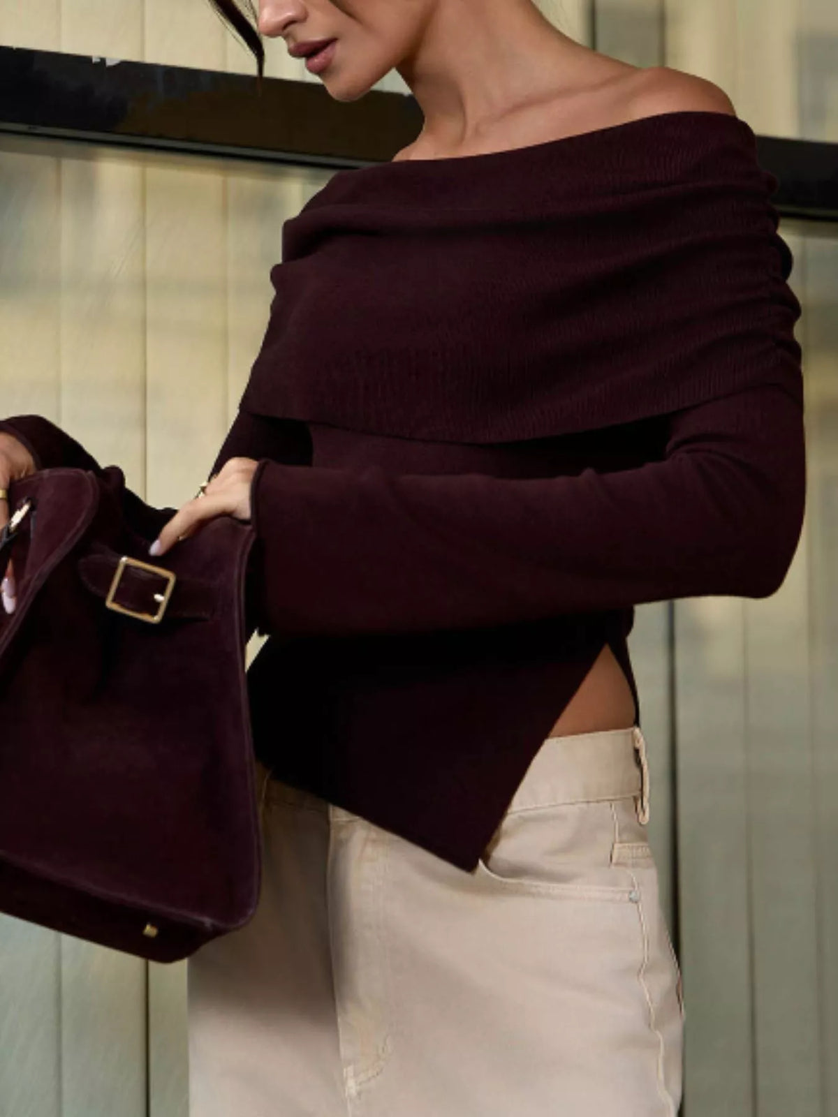 Asymmetrical Hem Off-Shoulder Knit Top | Casual Long Sleeve Top