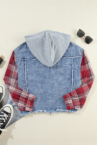 Raw Hem Drawstring Plaid Denim Jacket Trandify Deal