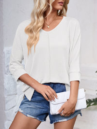 Lovelet Textured Round Neck Three-Quarter Sleeve Blouse Trandify deal