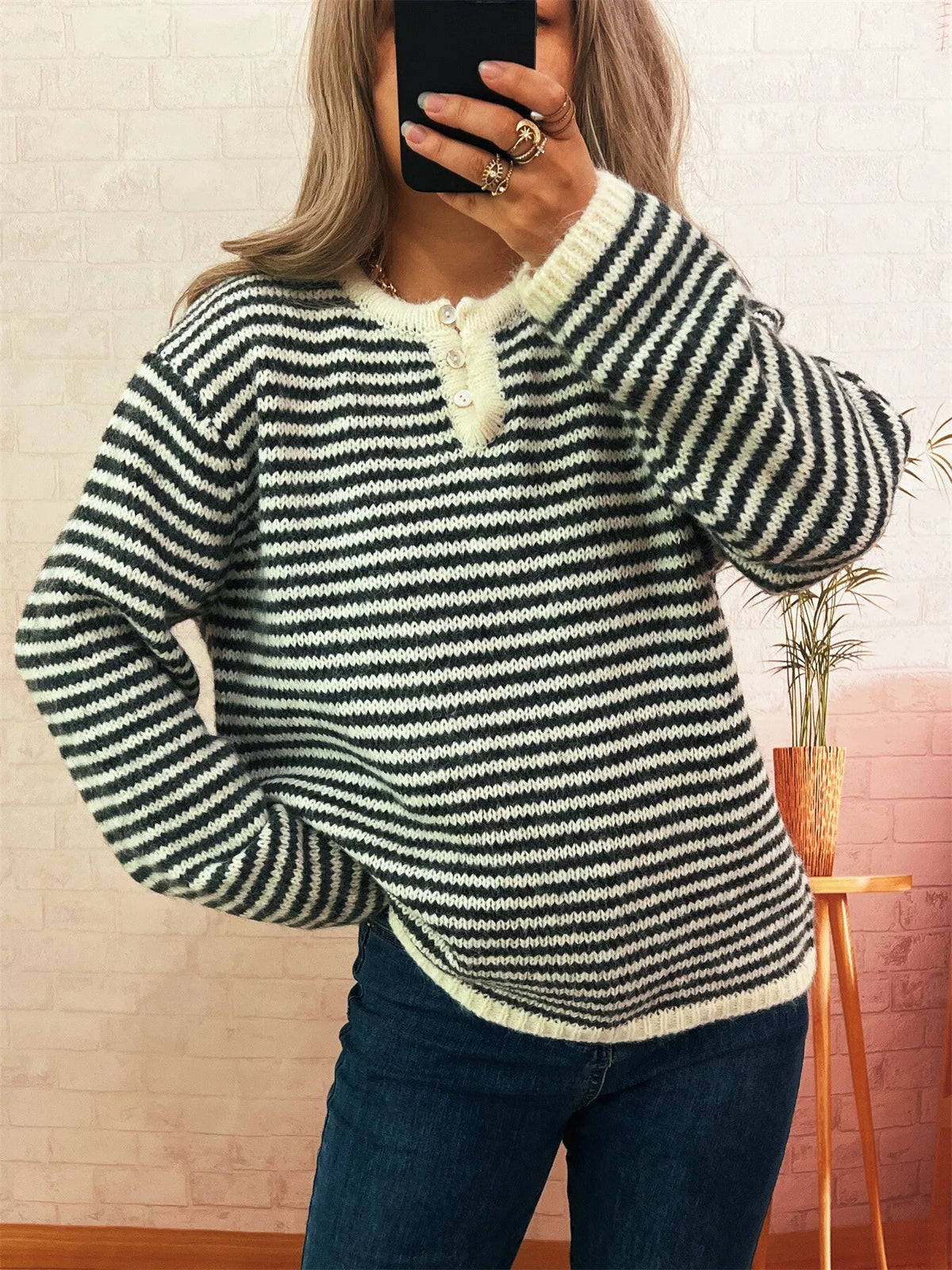 Women's Striped Button Sweater - Long Sleeve Knit Top