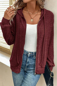 Drawstring Zip Up Long  Sleeve Hooded Jacket Trandify Deal