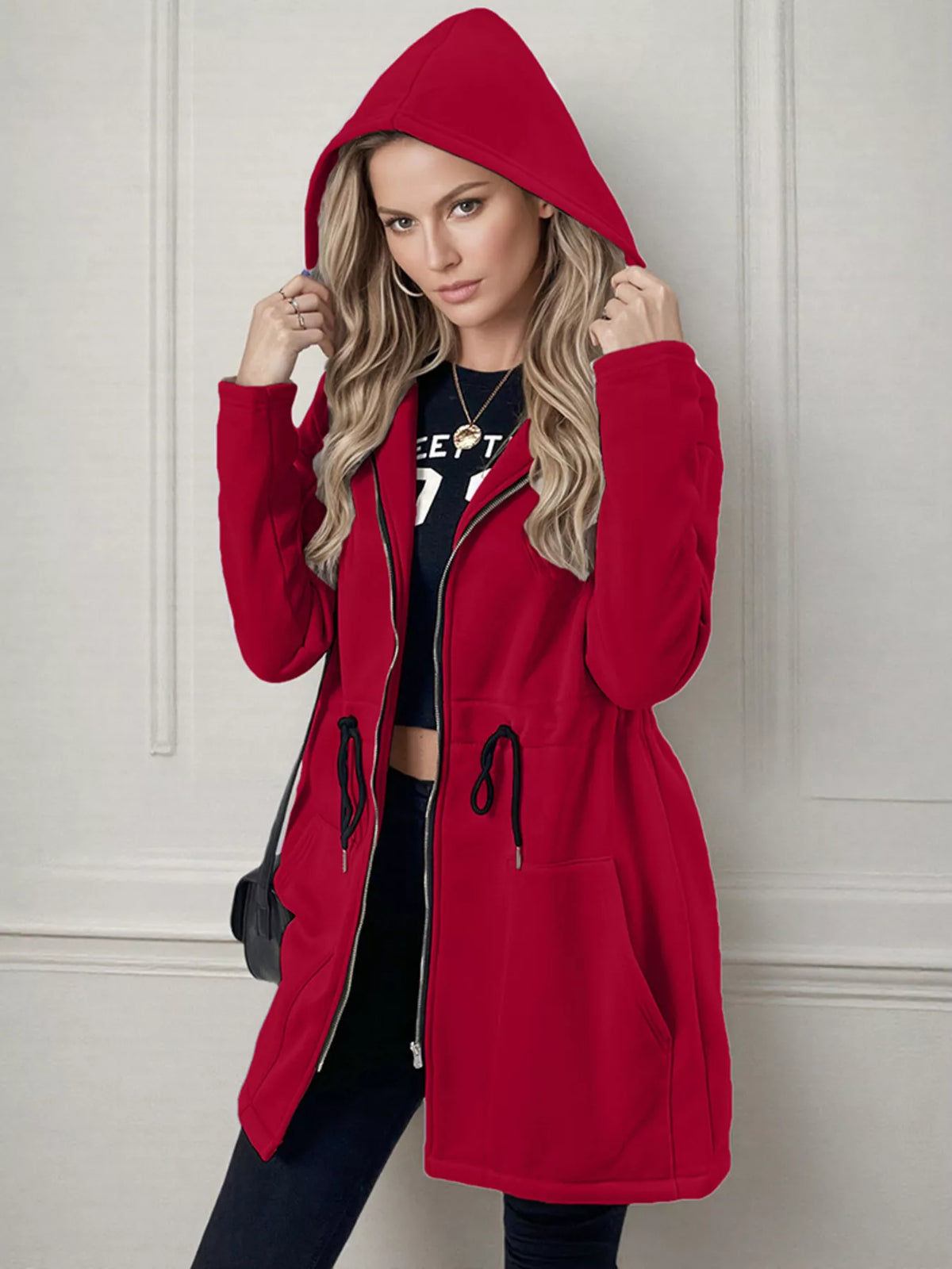 Women's lightweight zip up hoodie jacket in Red with front pockets.