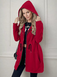 Women's lightweight zip up hoodie jacket in Red with front pockets.