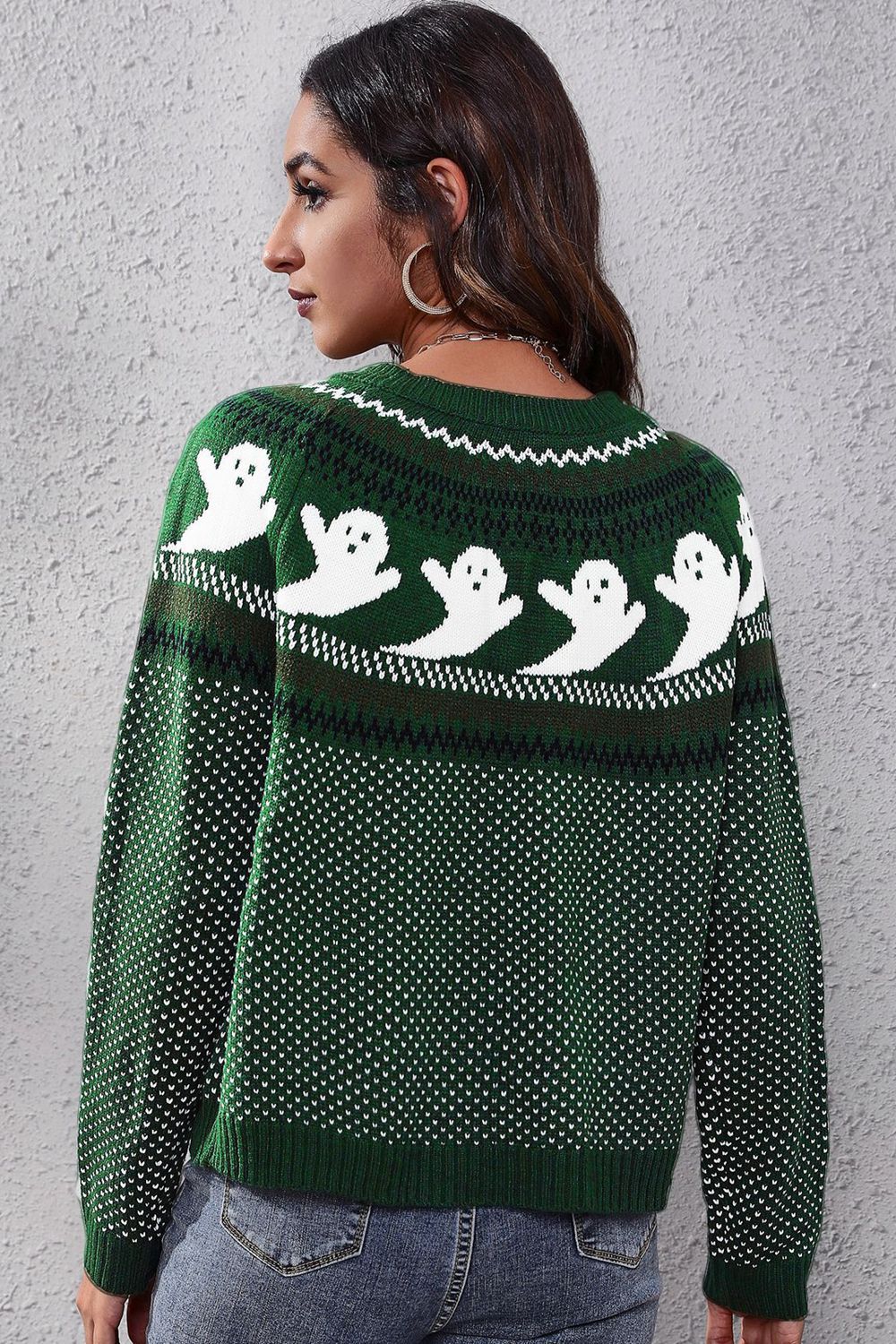 Ghost Pattern Round Neck Long Sleeve Sweater Trandify Deal