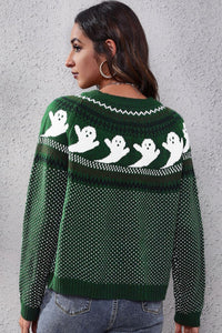 Ghost Pattern Round Neck Long Sleeve Sweater Trandify Deal