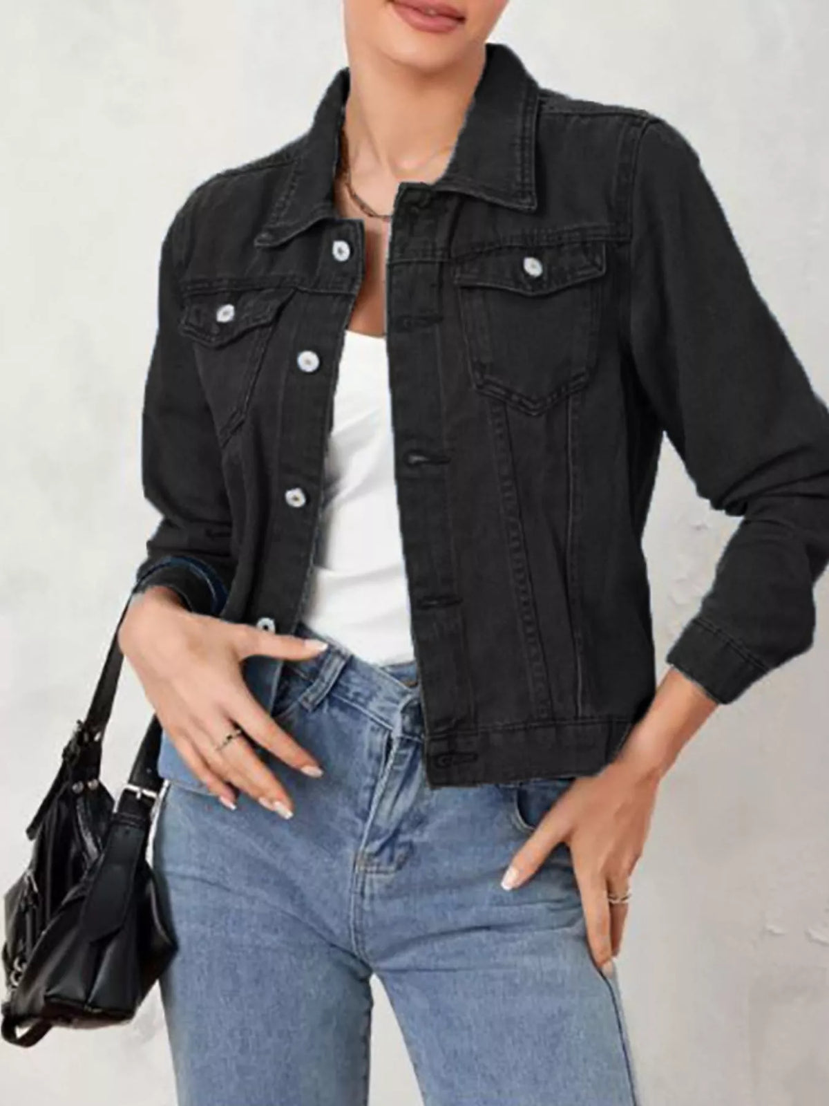 Women's Long Sleeve Denim Jacket - Button Up & Stretch Fit