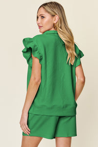 Double Take Full Size Texture Flounce Sleeve Top and Drawstring Shorts Set - Trandify Deal