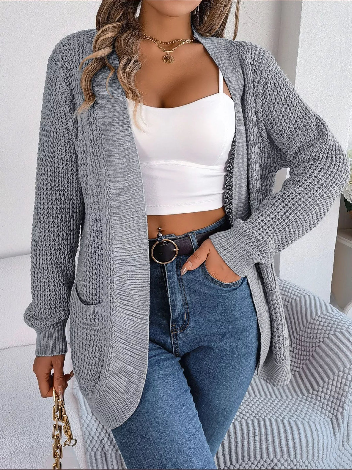 Chunky Knit Cardigan with Pockets - Open Front Women's Sweater