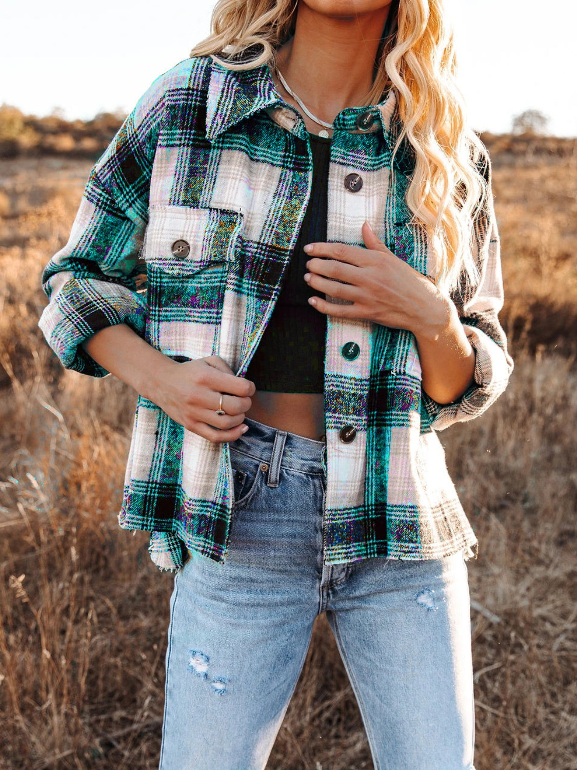 Pocketed Plaid Button Down Long Sleeve Shacket Trandify Deal