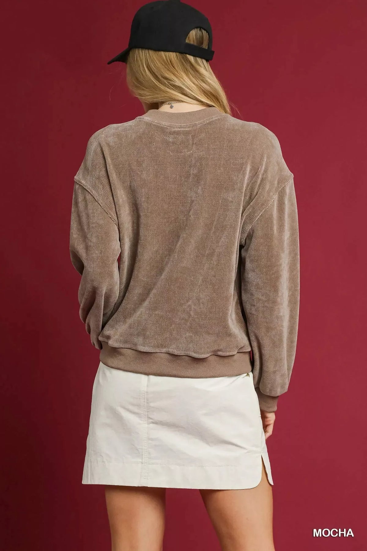Women's plush velour oversized sweatshirt with large balloon sleeves, shown in Mocha