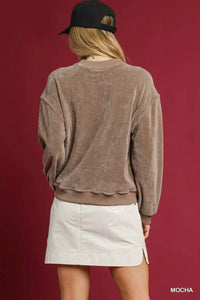 Women's plush velour oversized sweatshirt with large balloon sleeves, shown in Mocha
