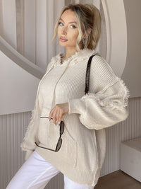 Drawstring Fringe Hem Long Sleeve Hooded Sweater Trandify Deal