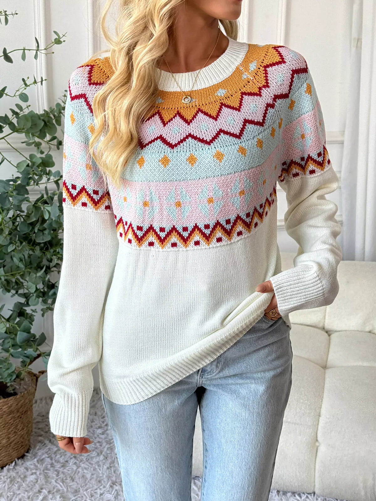 Cozy fall sweater for women in White, soft acrylic knit, long sleeve round neck top.