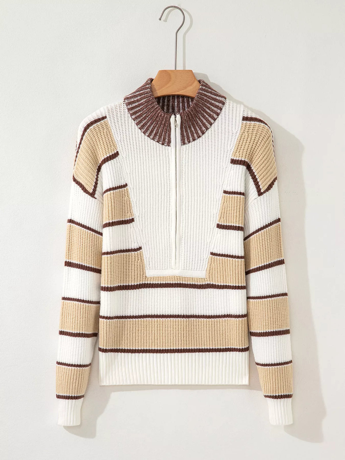 Women's Striped Ribbed Half Zip Sweater