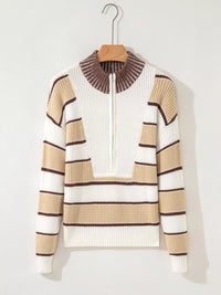 Women's Striped Ribbed Half Zip Sweater