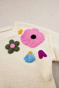 Crochet Flower Round Neck Dropped Shoulder Sweater Trandify Deal