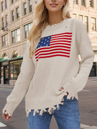 US Flag Distressed Round Neck Long Sleeve Sweater Trendsi