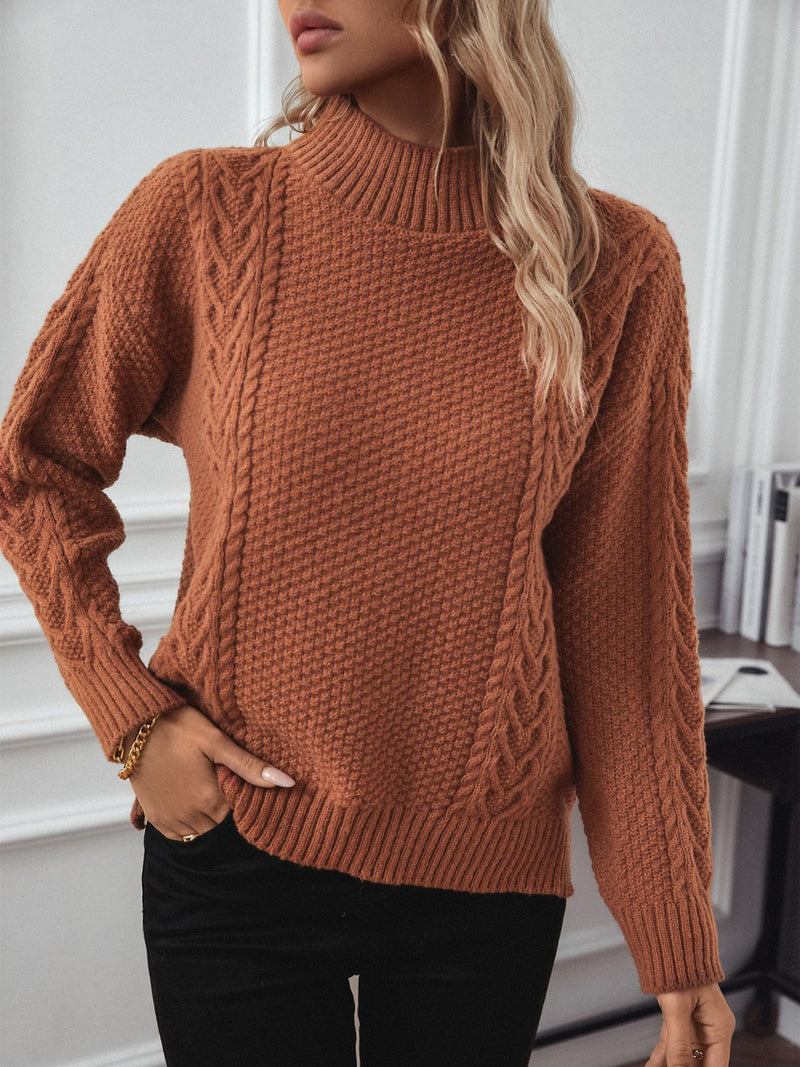 Cable-Knit Mock Neck Long Sleeve Sweater Trandify Deal