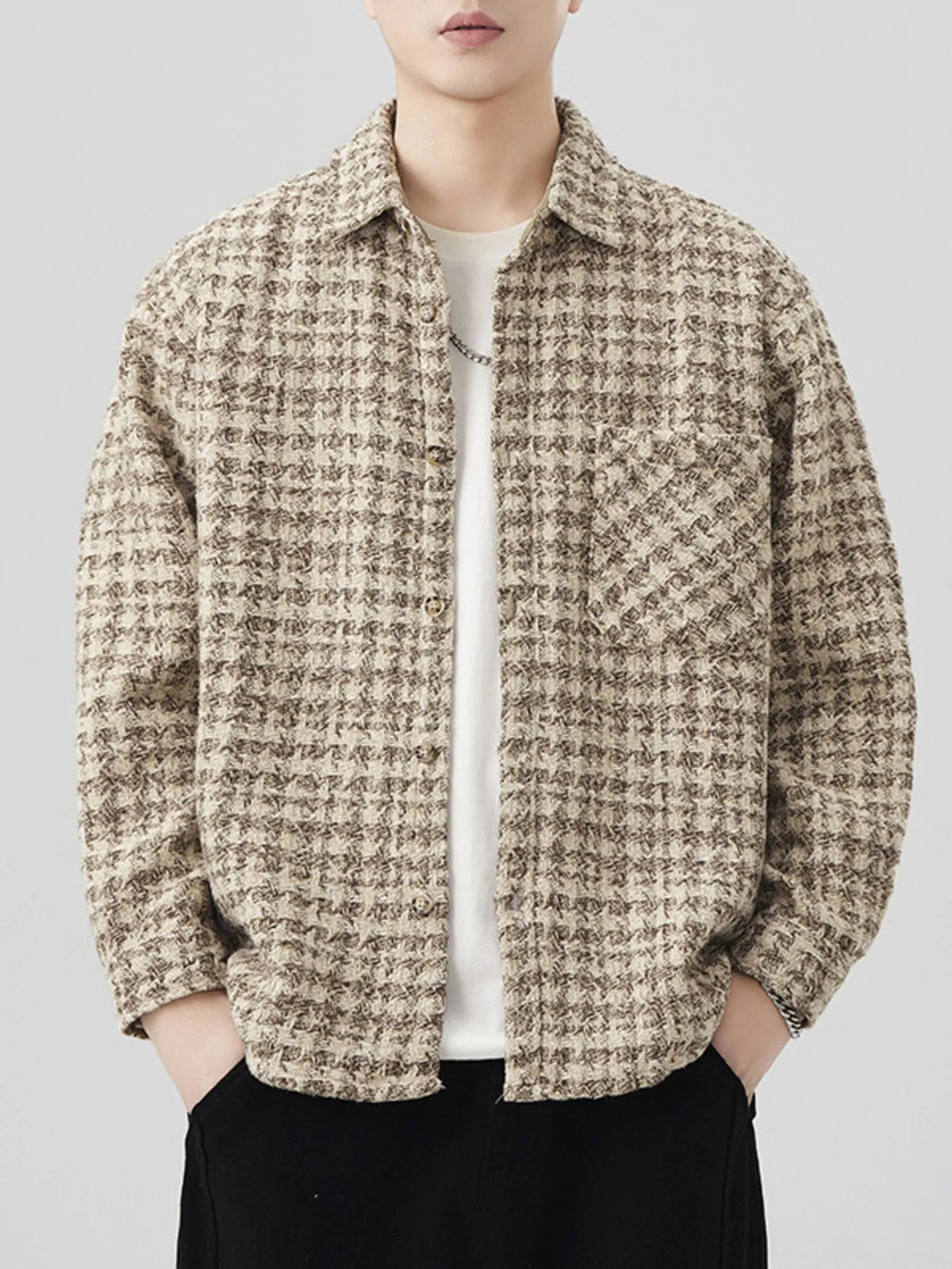 Men's Plus Size Shirt Jacket laid flat on a rustic background