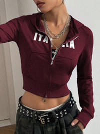 Letter Graphic Zip Up Long Sleeve Hoodie Trandify deal