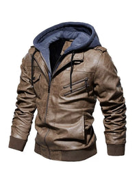 men's zip up hooded jacket in Brown, thick PU leather streetwear coat