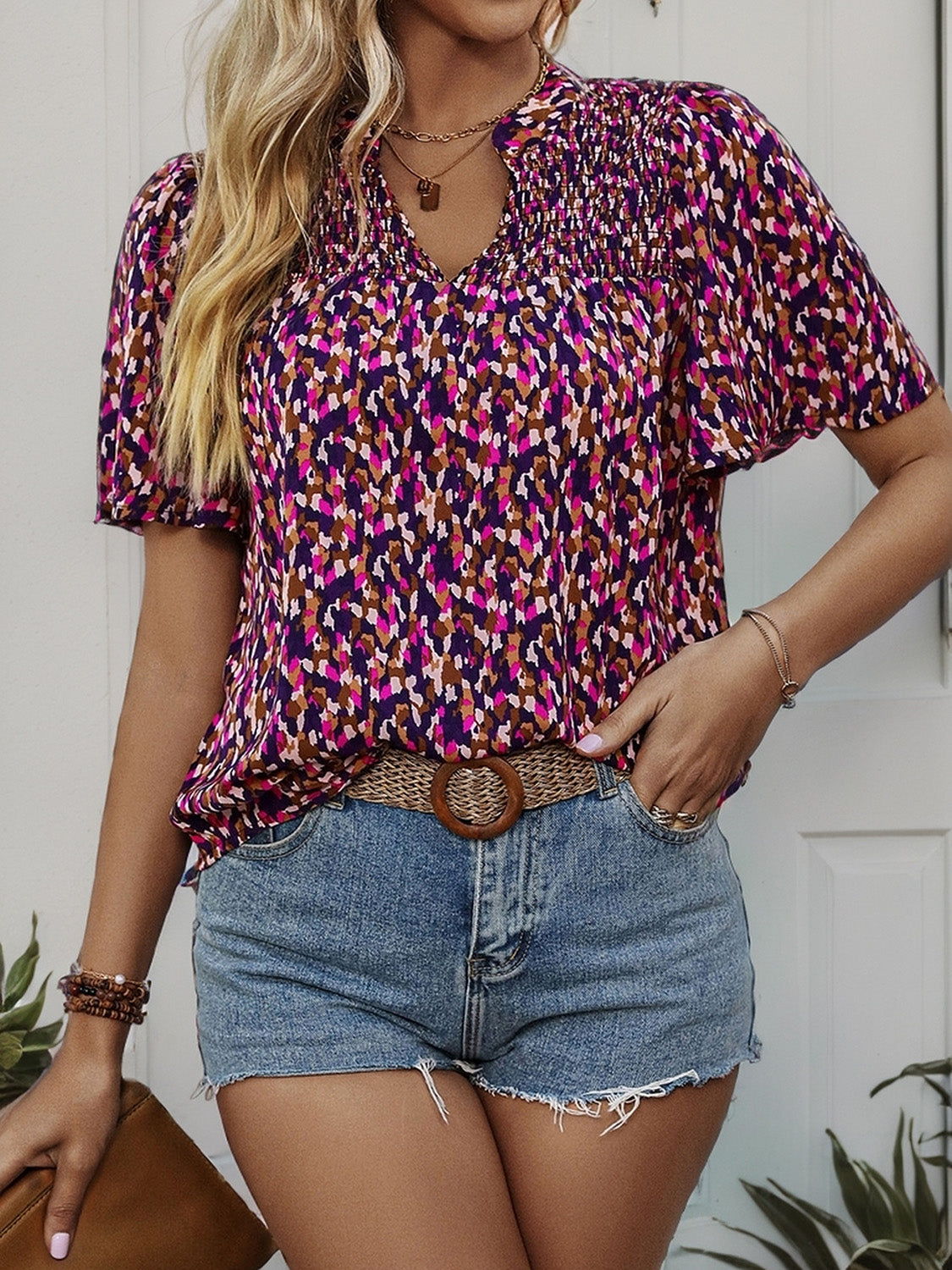 Perfee Printed Notched Flutter Sleeve Blouse Trandify deal