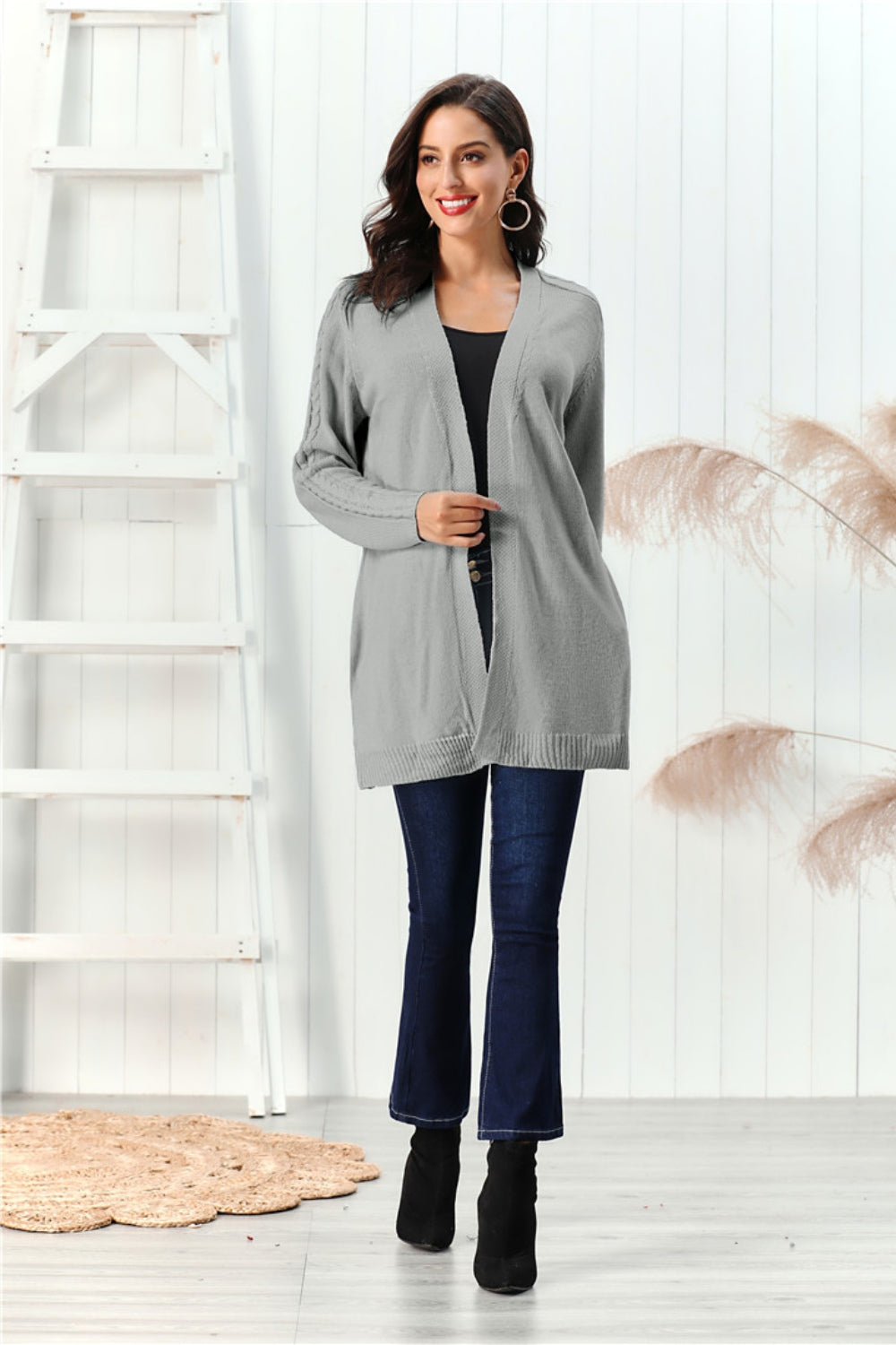 Cable-Knit Open Front Long Sleeve Cardigan Trandify Deal
