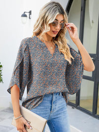 Printed Notched Half Sleeve Blouse Trandify Deal