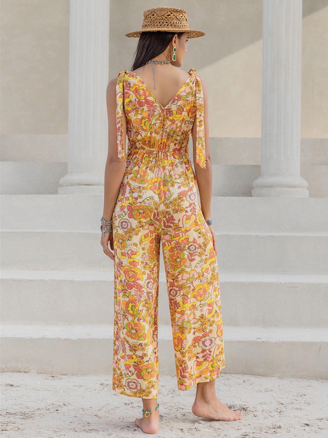 Printed V-Neck Tie Shoulder Jumpsuit Trandify deal