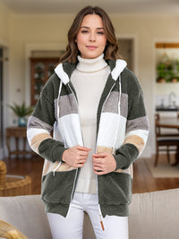 Full Size Drawstring Color Block Zip Up Hooded Outerwear Trandify Deal