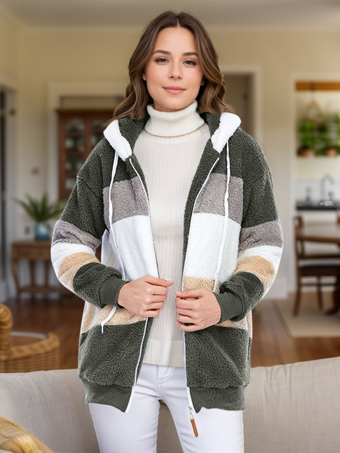 Full Size Drawstring Color Block Zip Up Hooded Outerwear Trandify Deal