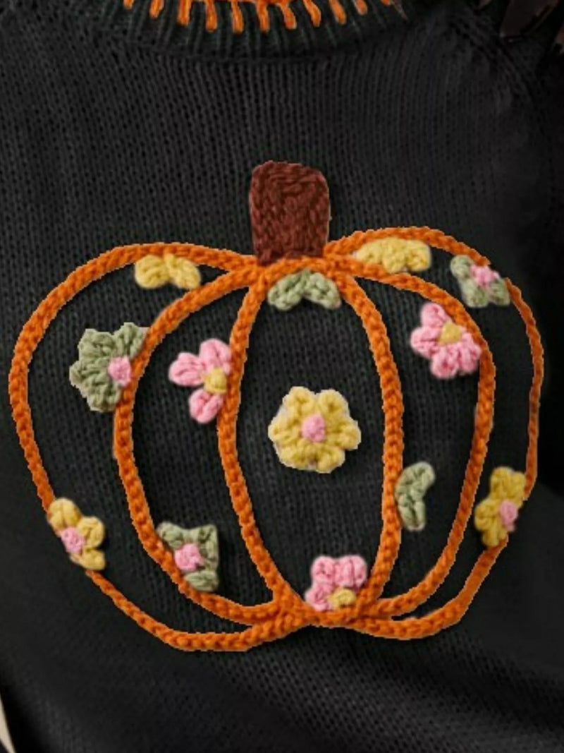 Women's Pumpkin Floral Embroidered Thanksgiving Sweater Cozy Fall Pullover