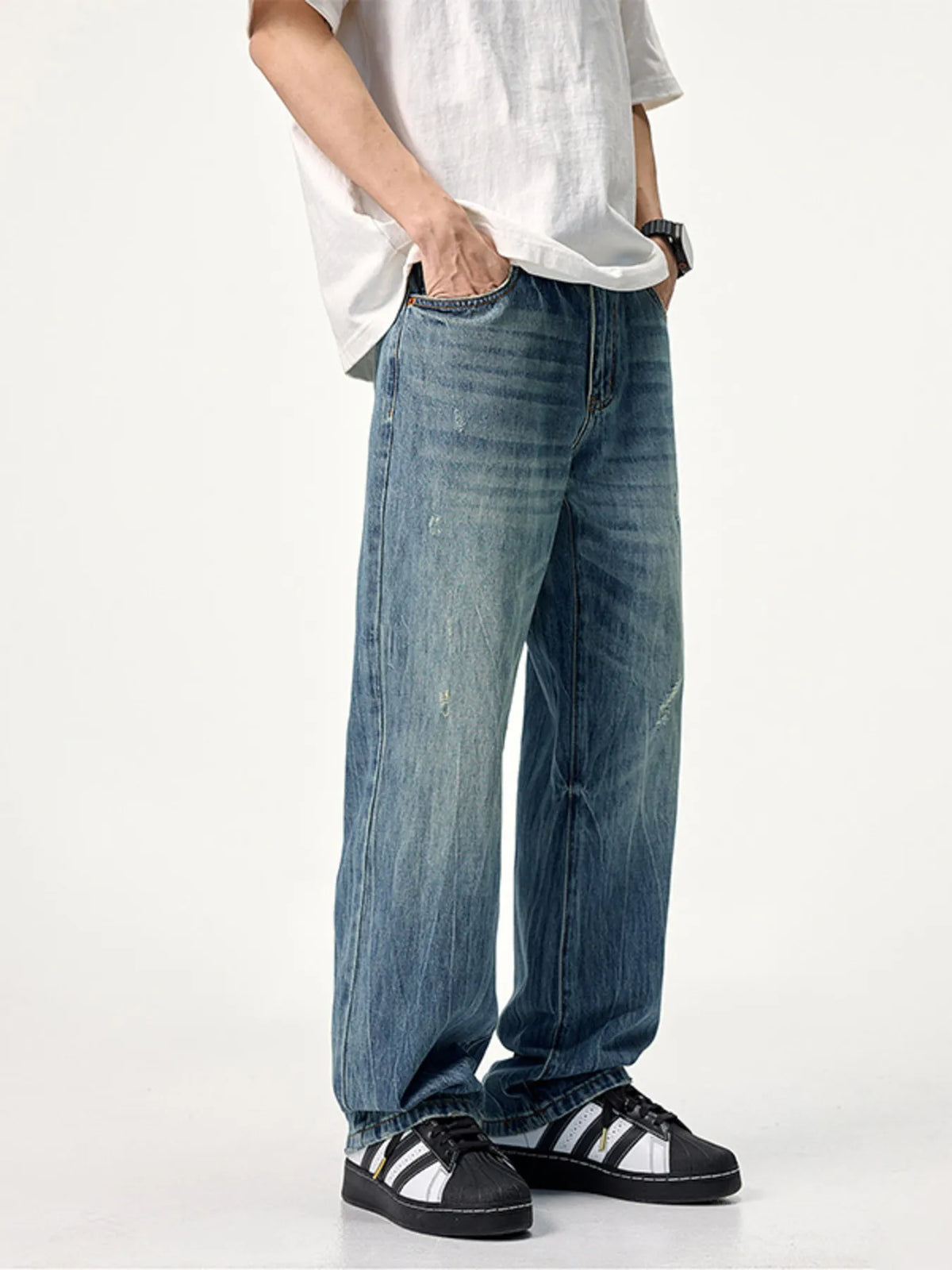 Men's 90s Wide Leg Jeans | Washed Cotton Denim