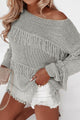 Fringe Boat Neck Long Sleeve Sweater Trandify Deal