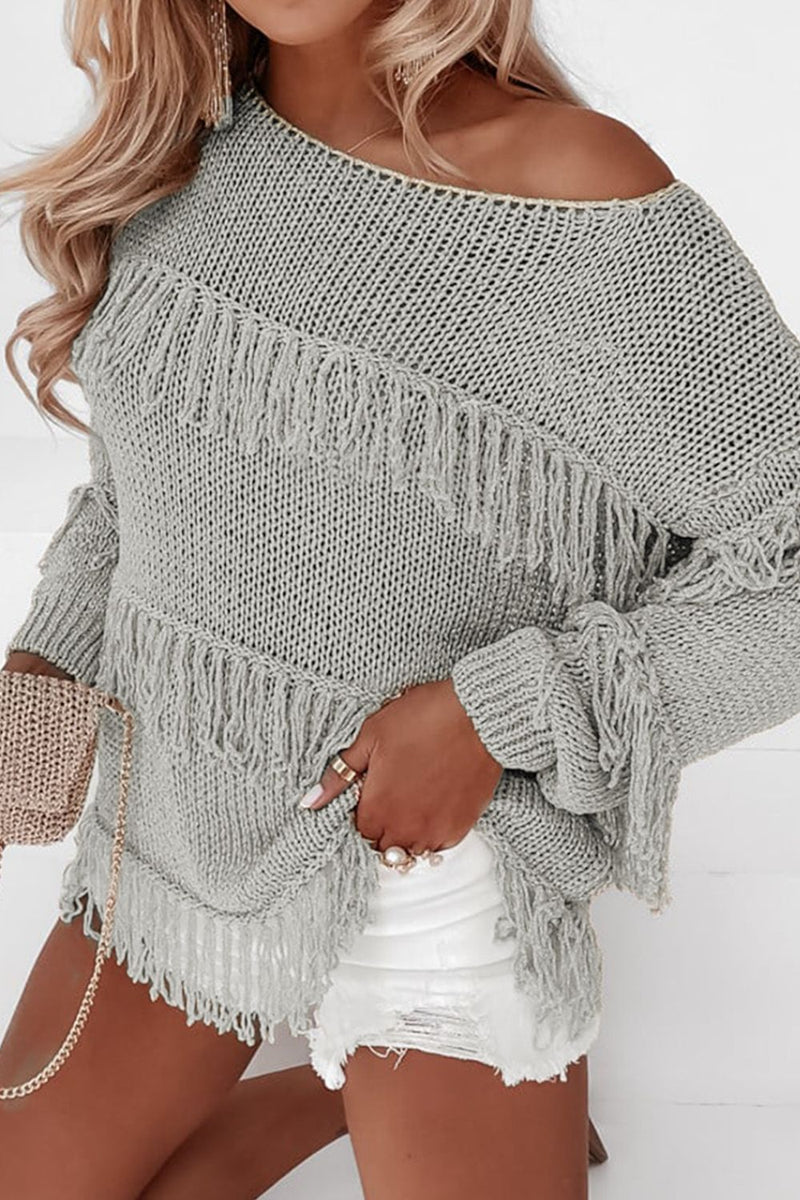 Fringe Boat Neck Long Sleeve Sweater Trandify Deal