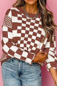 Checkered Round Neck Long Sleeve Sweater - Trandify Deal