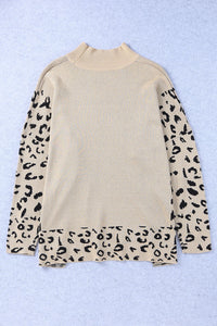 Slit Leopard Mock Neck Dropped Shoulder Sweater Trandify Deal