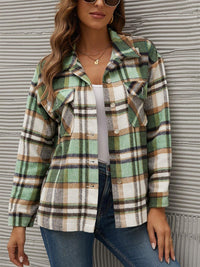 Plaid Collared Neck Long Sleeve Jacket Trandify Deal
