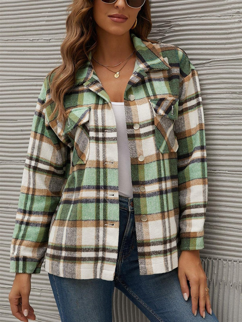 Plaid Collared Neck Long Sleeve Jacket Trandify Deal