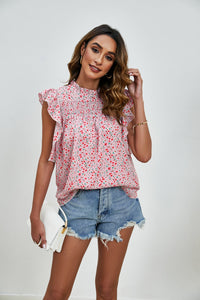 Ruffled Ditsy Floral Mock Neck Cap Sleeve Blouse Trandify deal