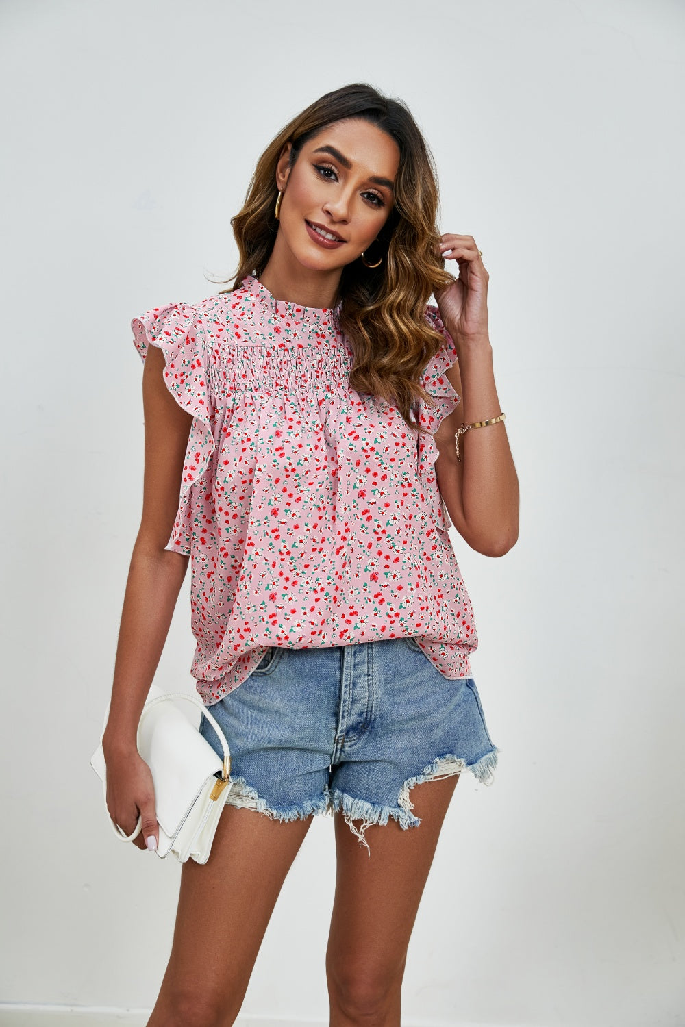 Ruffled Ditsy Floral Mock Neck Cap Sleeve Blouse Trandify deal