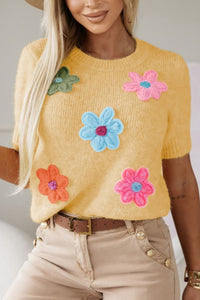 Flower Round Neck Short Sleeve Sweater Trandify deal