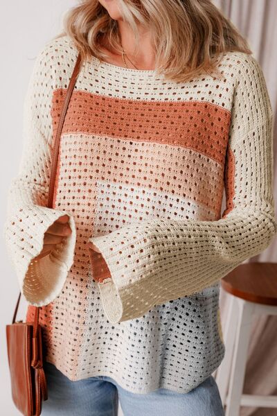 women's color block openwork knit sweater long sleeve casual top
