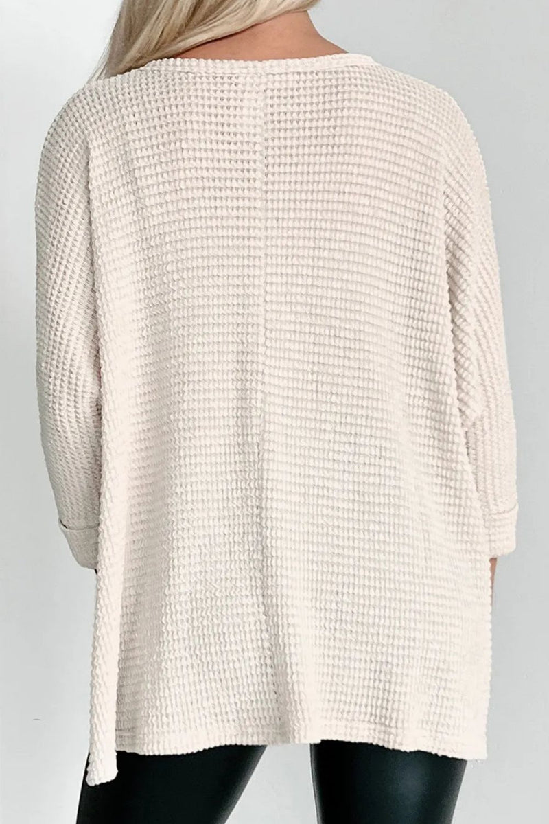Waffle-Knit Slit Round Neck Long Sleeve Top - Trandify Deal