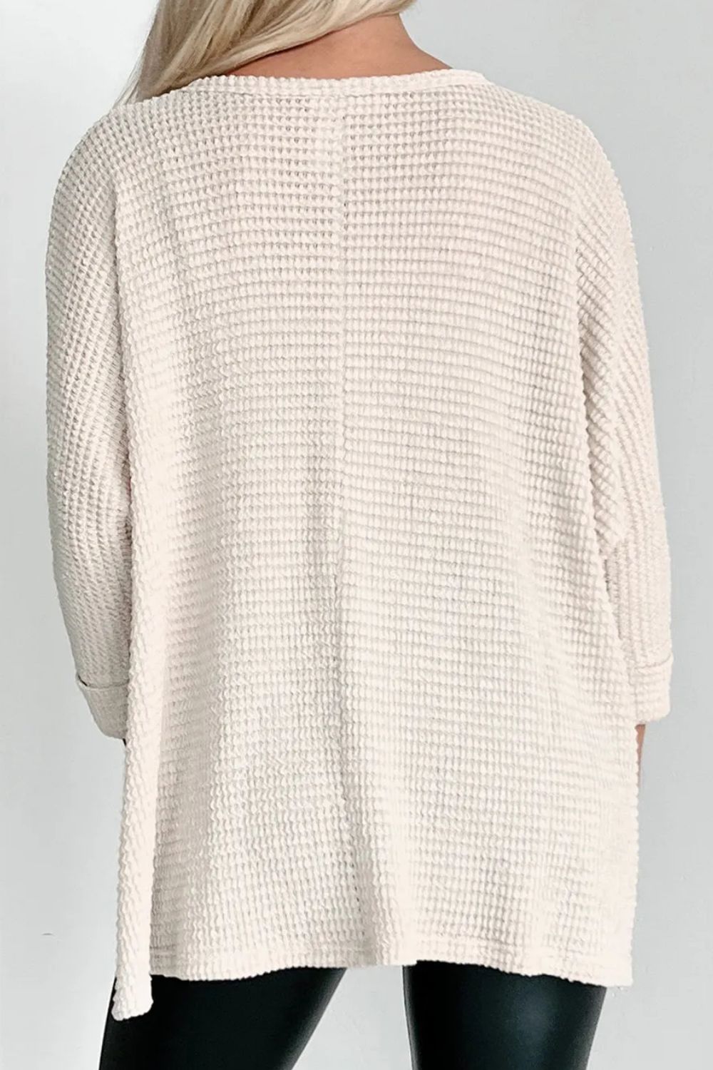 Waffle-Knit Slit Round Neck Long Sleeve Top - Trandify Deal